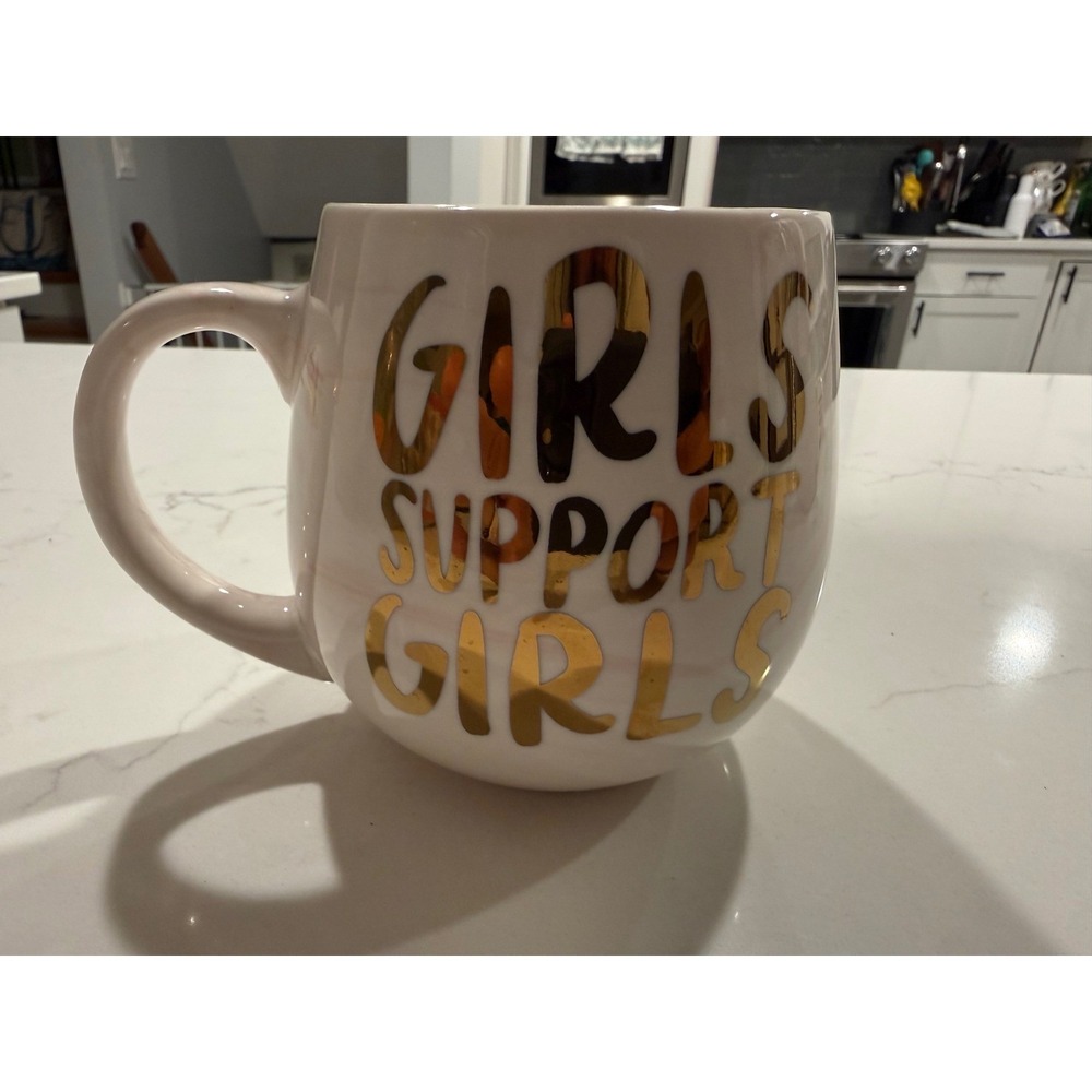 Girls Support Girls Coffee Mug White Ceramic Gold Metallic Lettering Oversized